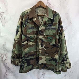 Air Force Military Jacket Men Medium Woodland Camo Top Shirt BDU Fatigue Patches